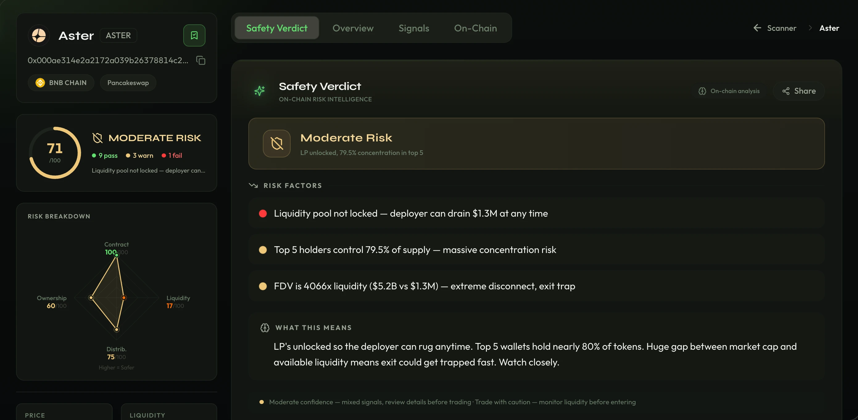 DexScanner — Aster scan verdict on BNB Chain showing 71/100 moderate risk with itemized signals and AI recommendation